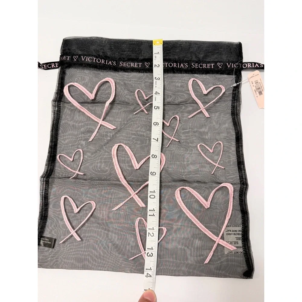 Victoria's Secret Black Mesh Heart Embroidered Lingerie Drawstring Bag NWT